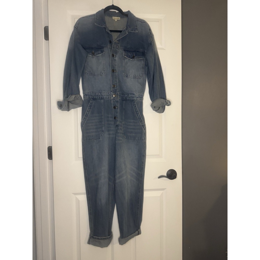 Aaron And Amber Long Sleeve Denim Utility Jumpsuit Small Blue
